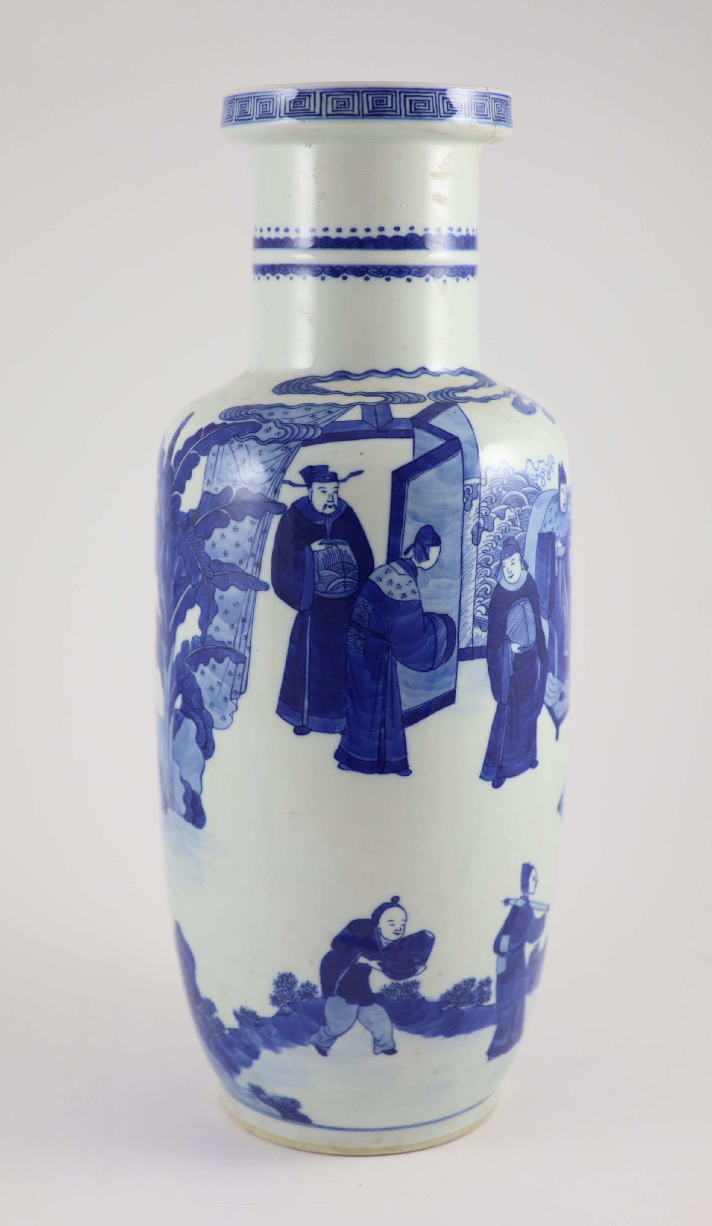 A Chinese blue and white rouleau vase, 19th century 44cm high, neck broken and restored